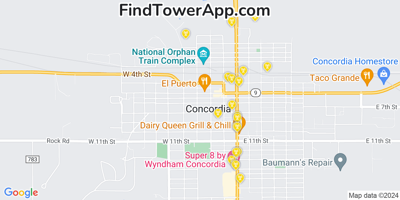 AT&T 4G/5G cell tower coverage map Concordia, Kansas