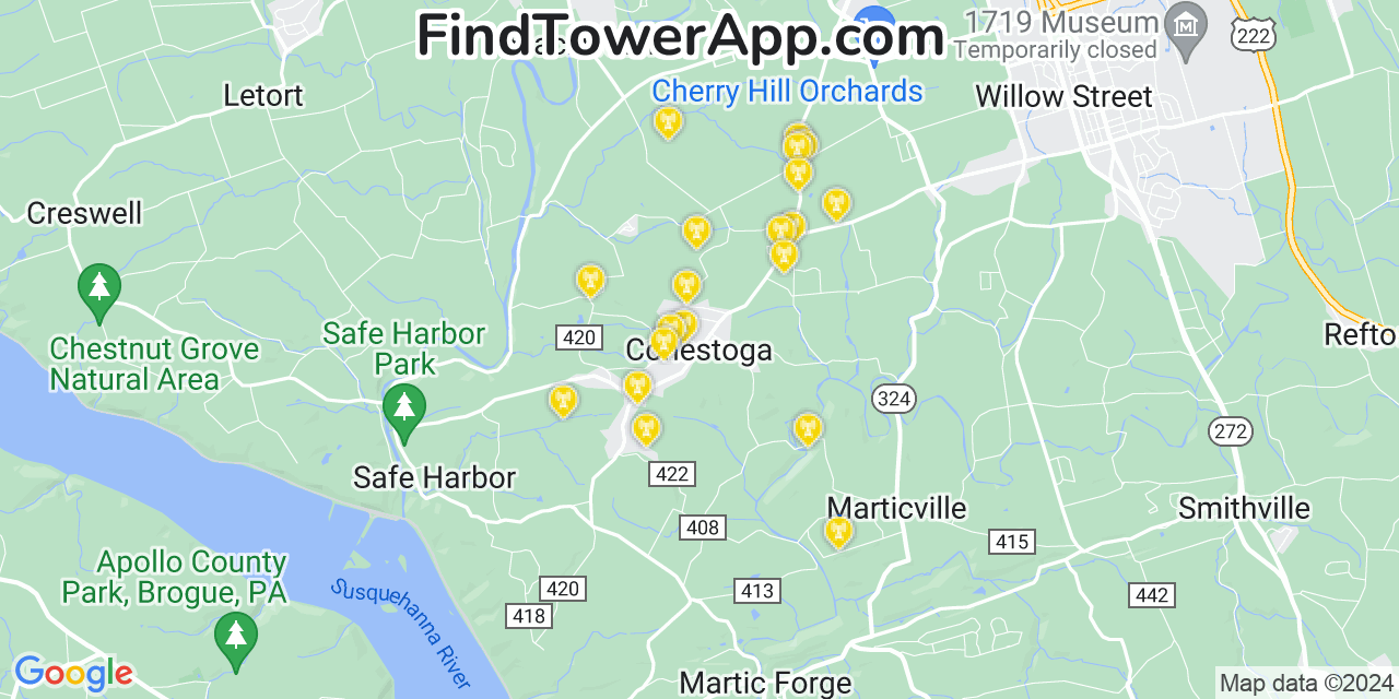 AT&T 4G/5G cell tower coverage map Conestoga, Pennsylvania