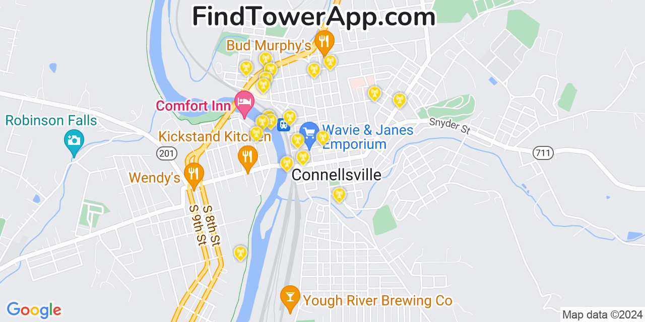 AT&T 4G/5G cell tower coverage map Connellsville, Pennsylvania