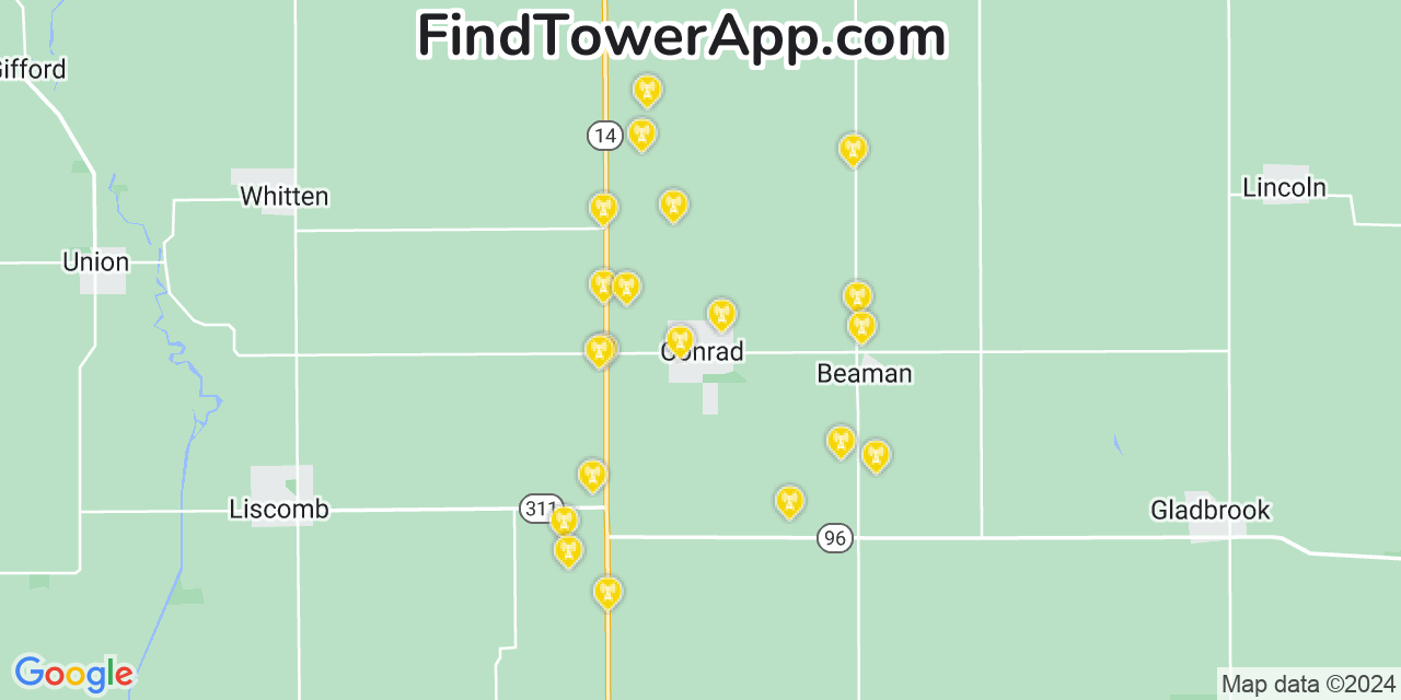 Verizon 4G/5G cell tower coverage map Conrad, Iowa