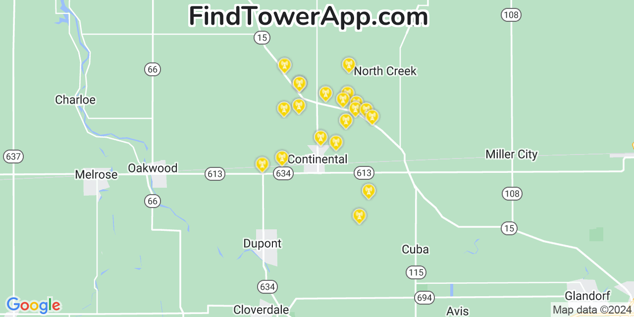 Verizon 4G/5G cell tower coverage map Continental, Ohio