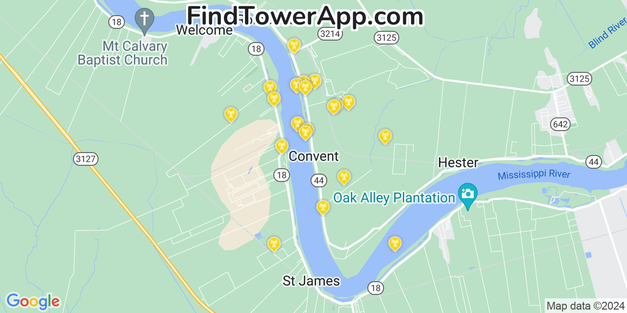 AT&T 4G/5G cell tower coverage map Convent, Louisiana