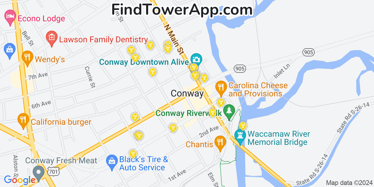 AT&T 4G/5G cell tower coverage map Conway, South Carolina