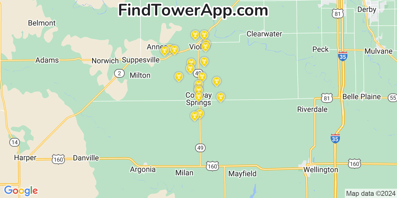 AT&T 4G/5G cell tower coverage map Conway Springs, Kansas