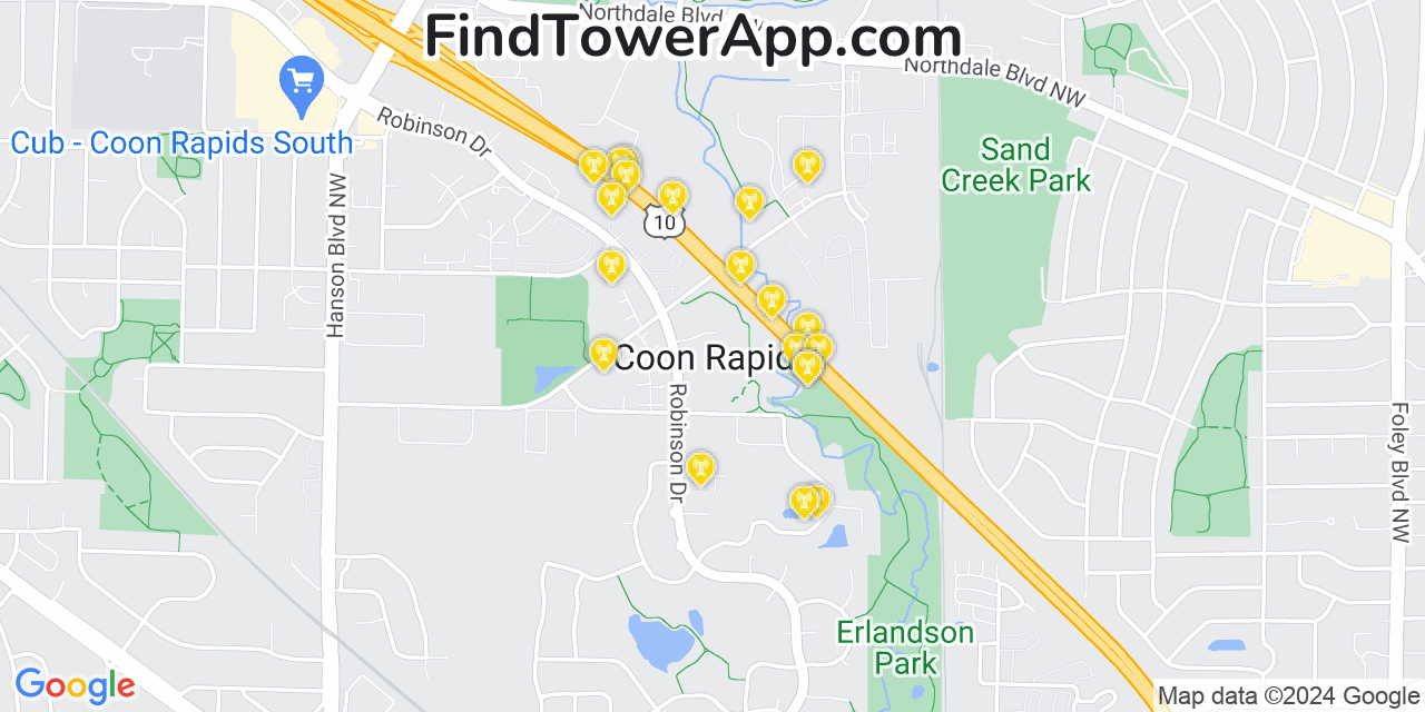 AT&T 4G/5G cell tower coverage map Coon Rapids, Minnesota