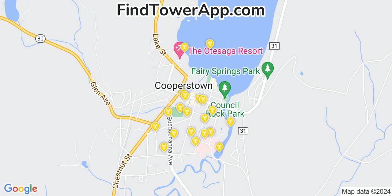 Verizon 4G/5G cell tower coverage map Cooperstown, New York