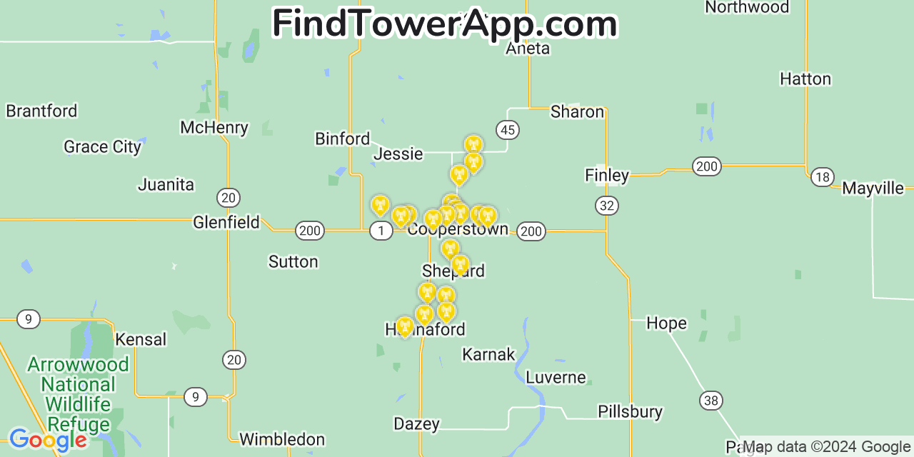 Verizon 4G/5G cell tower coverage map Cooperstown, North Dakota