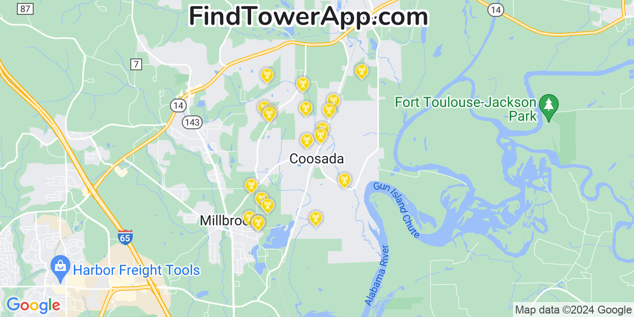 AT&T 4G/5G cell tower coverage map Coosada, Alabama