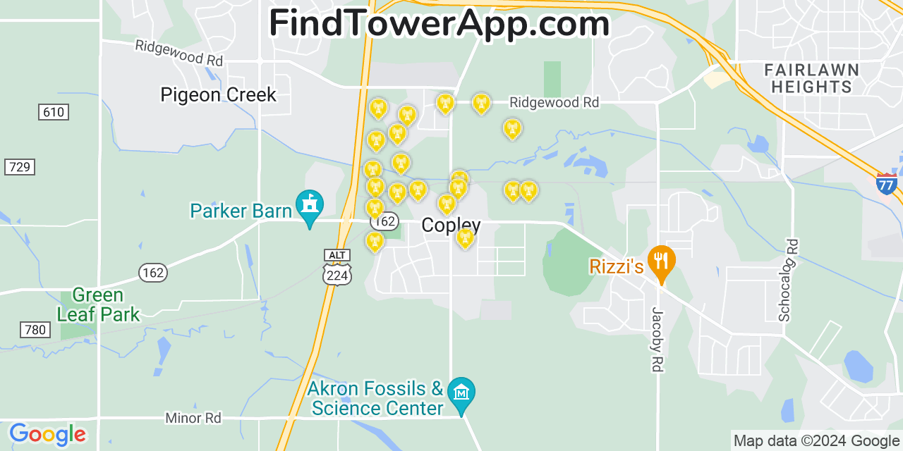 AT&T 4G/5G cell tower coverage map Copley, Ohio