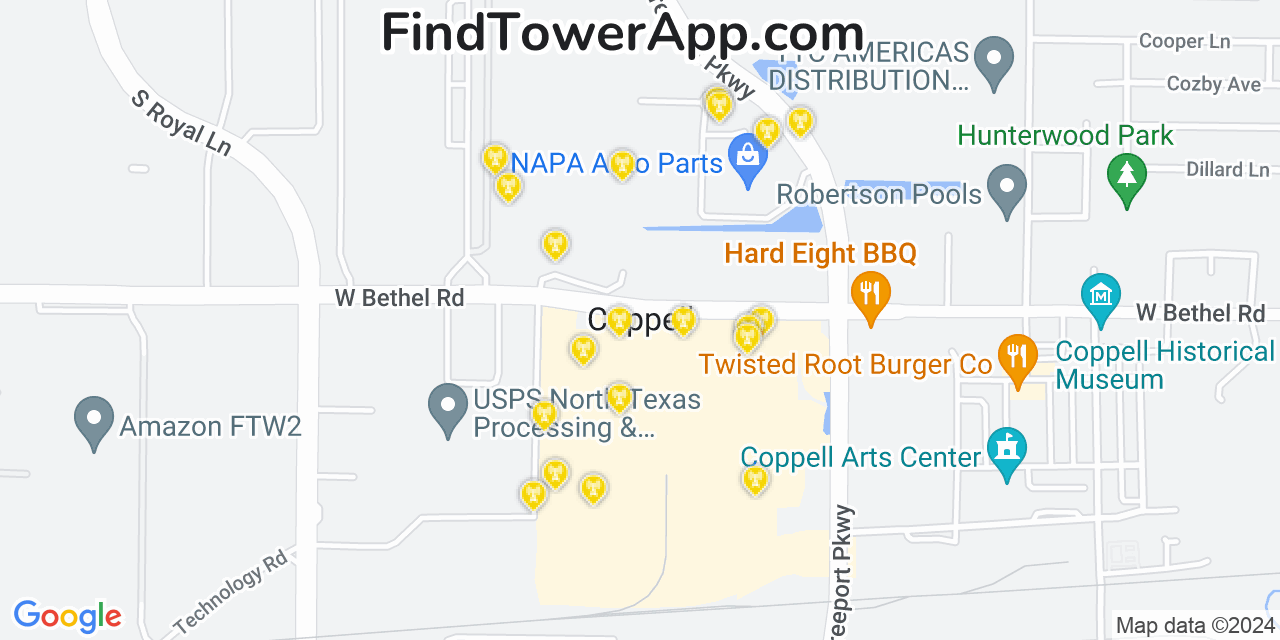 AT&T 4G/5G cell tower coverage map Coppell, Texas