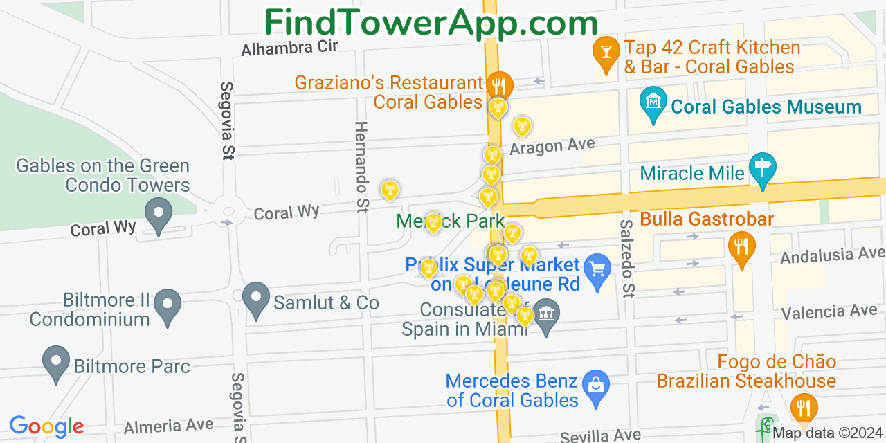 AT&T 4G/5G cell tower coverage map Coral Gables, Florida