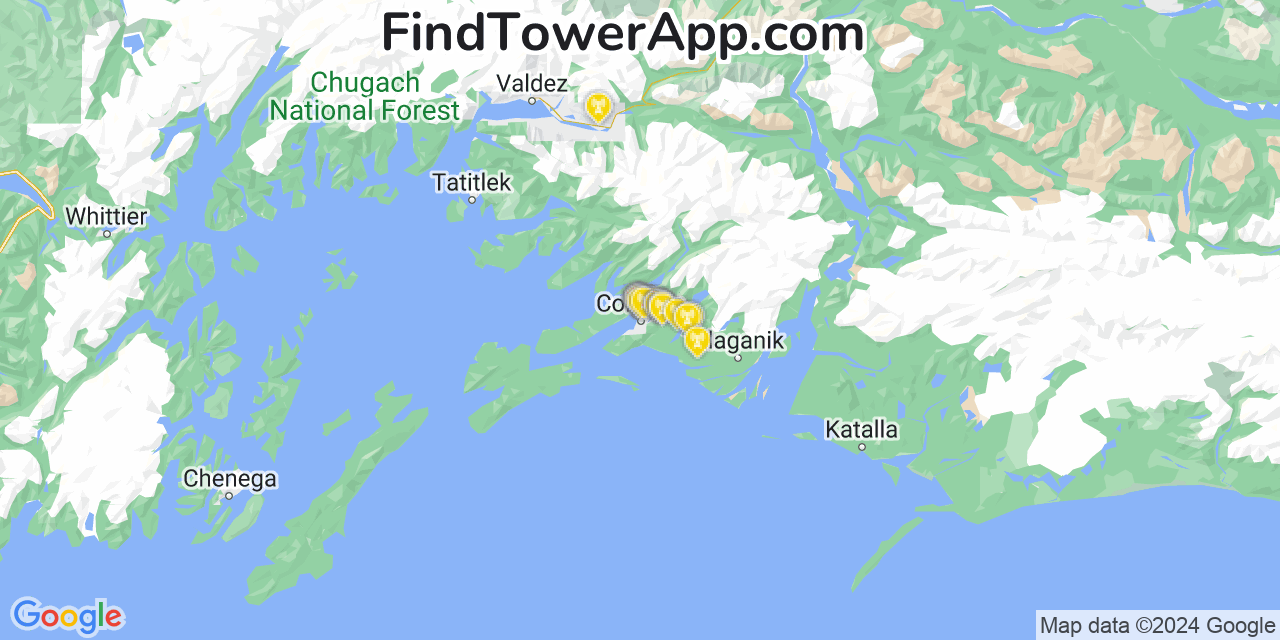 AT&T 4G/5G cell tower coverage map Cordova, Alaska