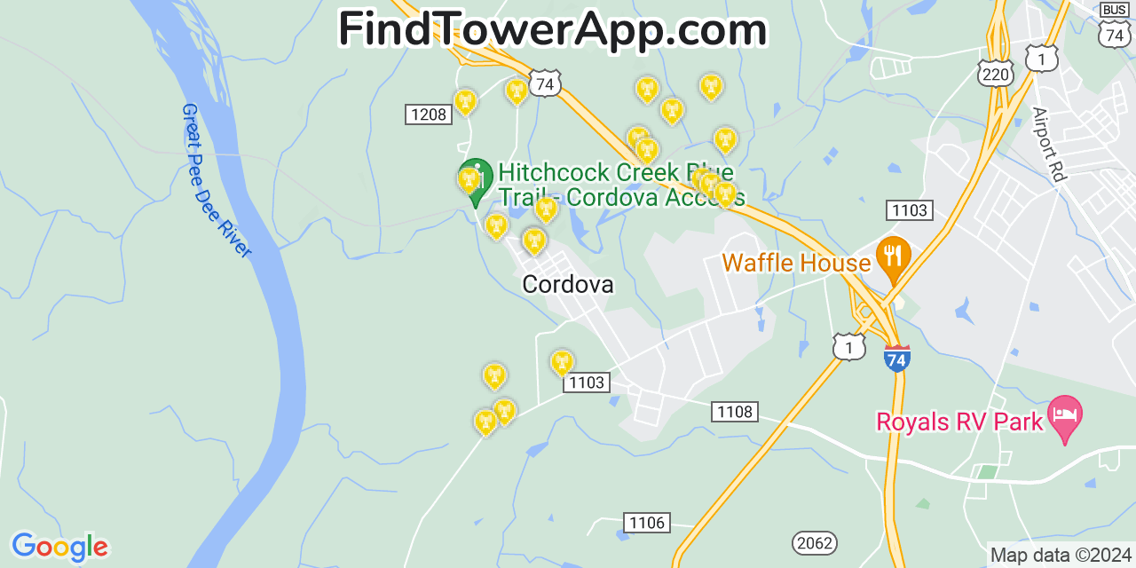 AT&T 4G/5G cell tower coverage map Cordova, North Carolina