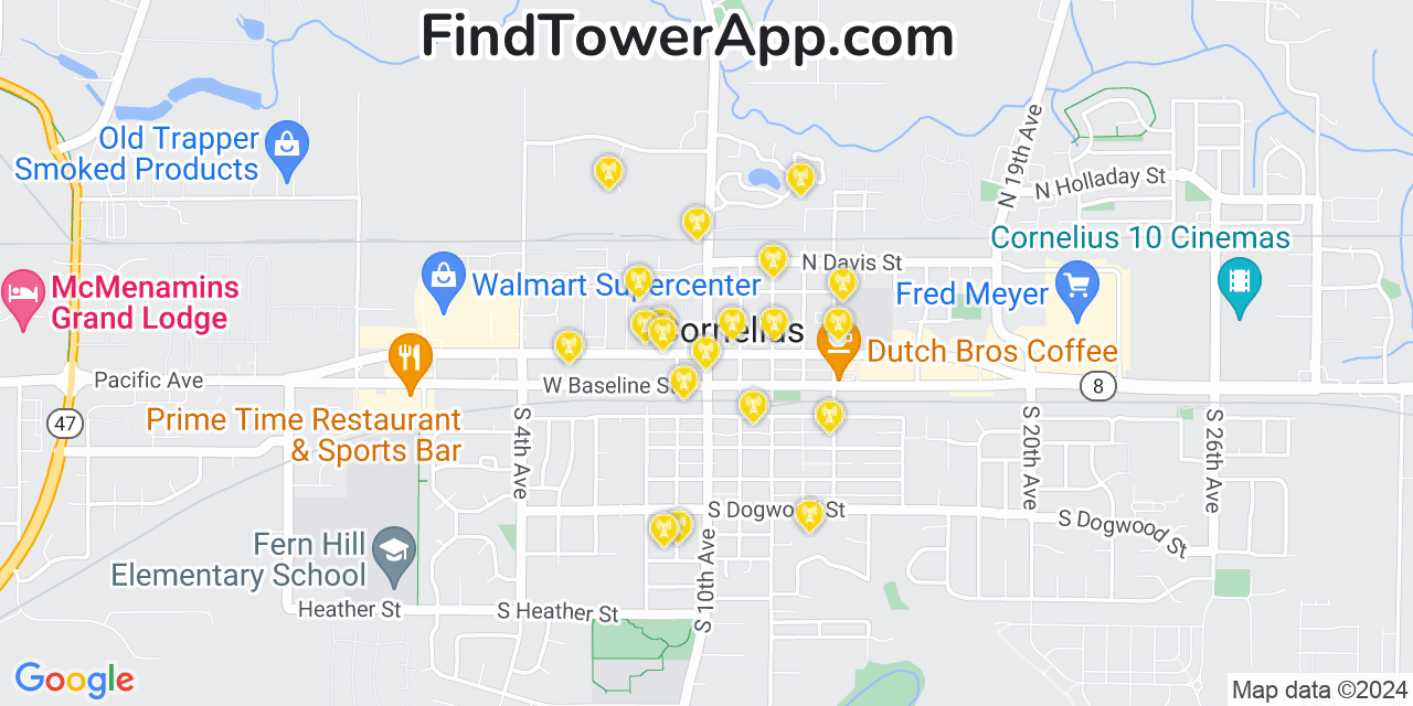 AT&T 4G/5G cell tower coverage map Cornelius, Oregon