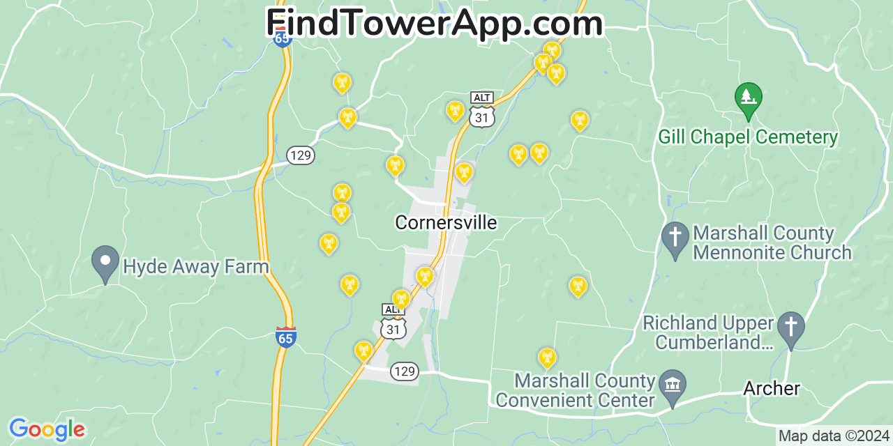 AT&T 4G/5G cell tower coverage map Cornersville, Tennessee