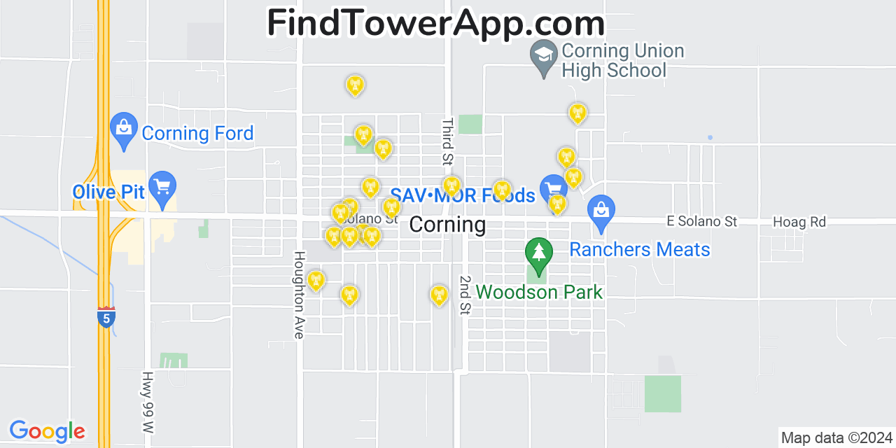 AT&T 4G/5G cell tower coverage map Corning, California