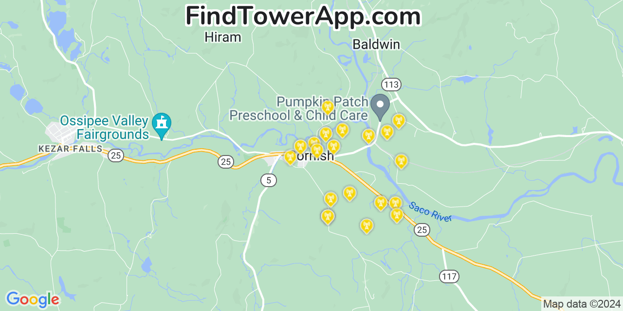 AT&T 4G/5G cell tower coverage map Cornish, Maine