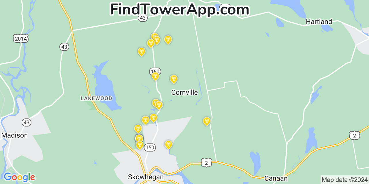 AT&T 4G/5G cell tower coverage map Cornville, Maine