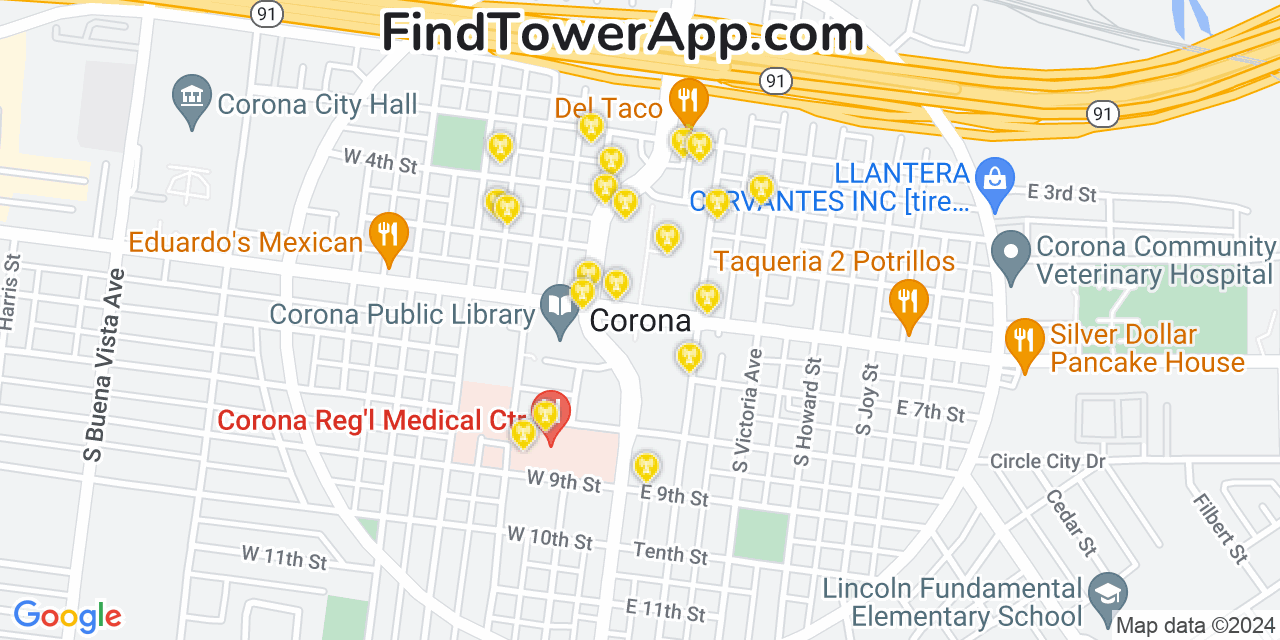 Verizon 4G/5G cell tower coverage map Corona, California