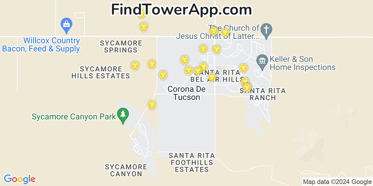 AT&T 4G/5G cell tower coverage map Corona de Tucson, Arizona