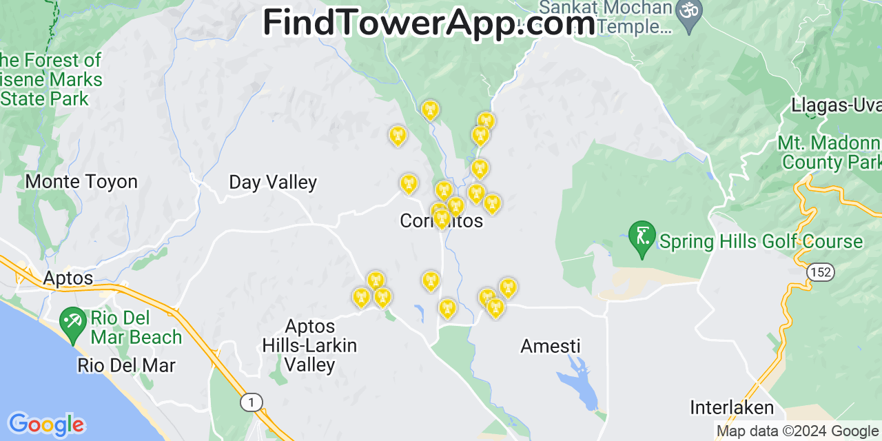 AT&T 4G/5G cell tower coverage map Corralitos, California