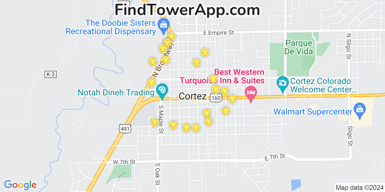 AT&T 4G/5G cell tower coverage map Cortez, Colorado