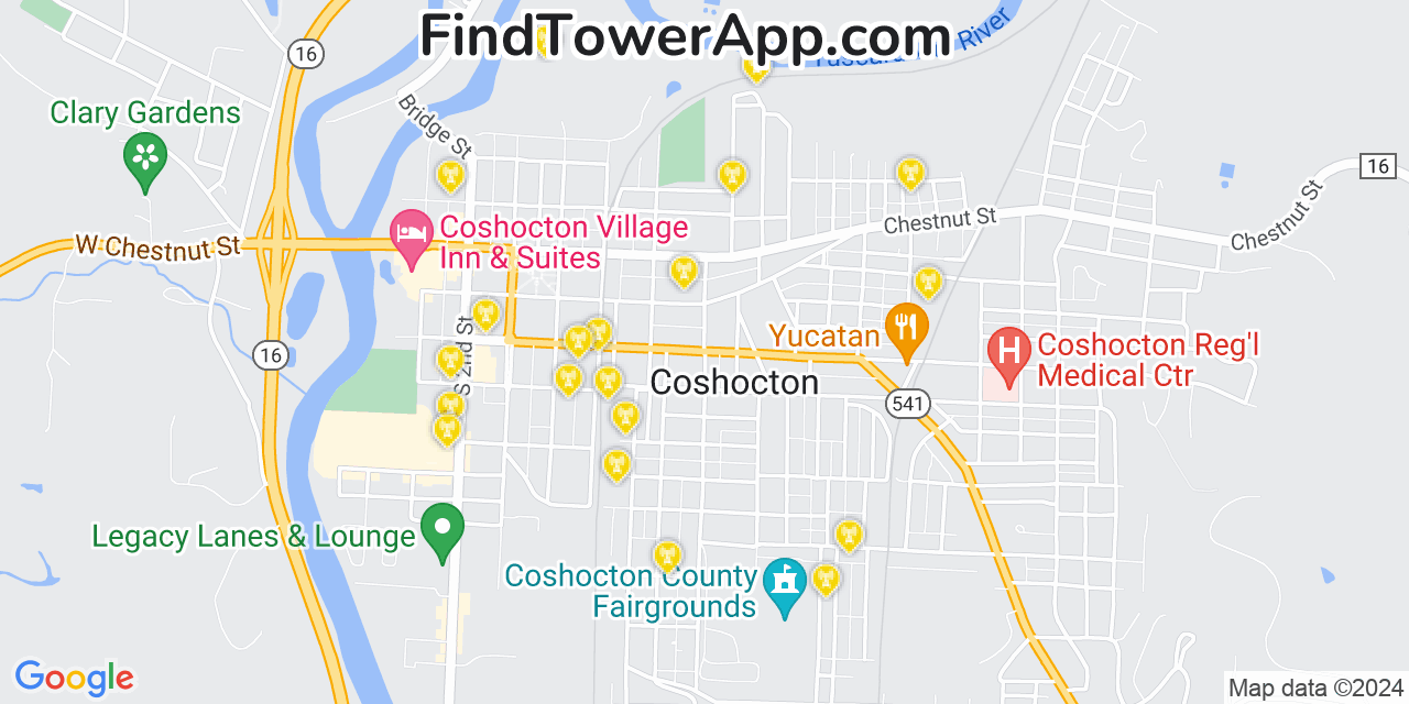 AT&T 4G/5G cell tower coverage map Coshocton, Ohio
