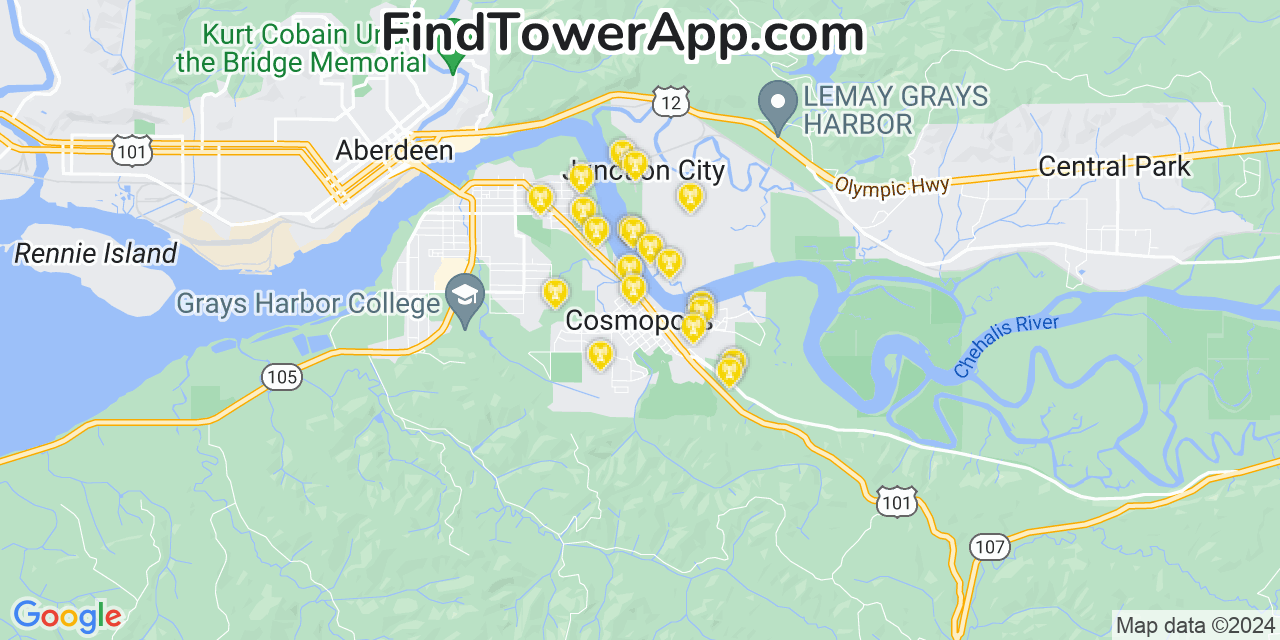AT&T 4G/5G cell tower coverage map Cosmopolis, Washington
