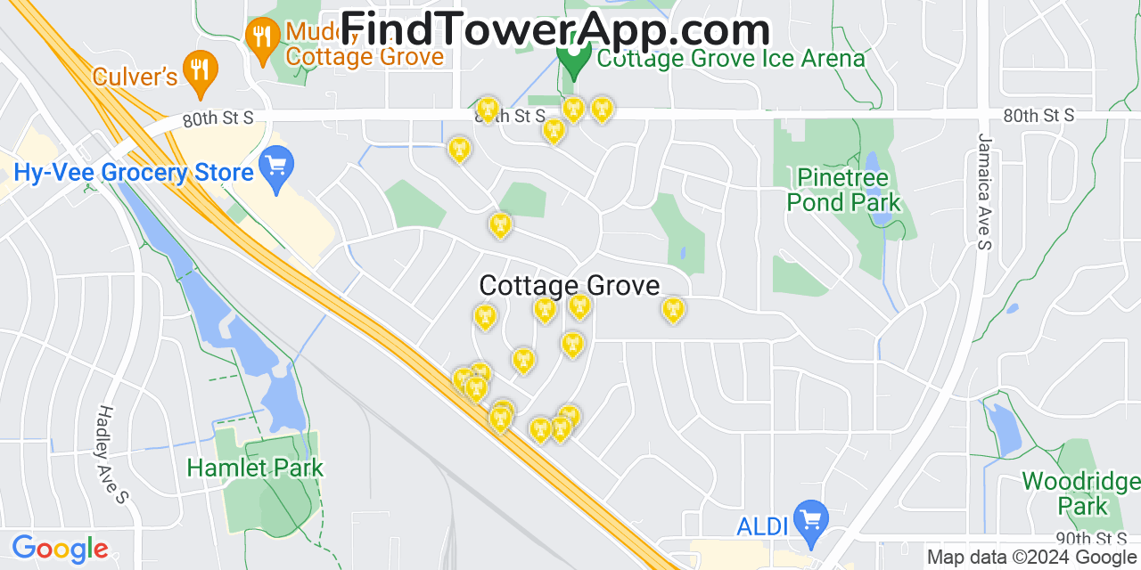 AT&T 4G/5G cell tower coverage map Cottage Grove, Minnesota