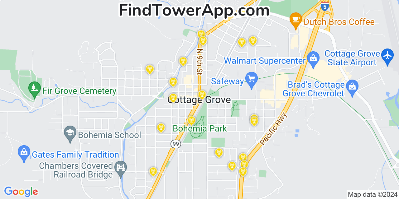 AT&T 4G/5G cell tower coverage map Cottage Grove, Oregon