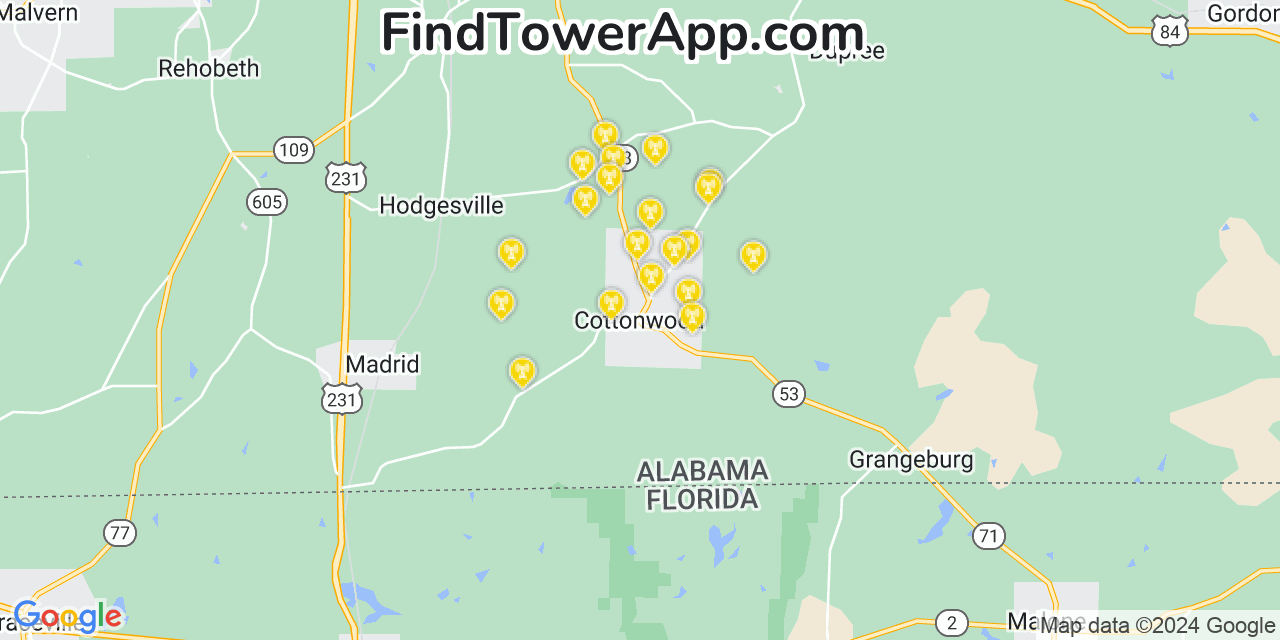 Verizon 4G/5G cell tower coverage map Cottonwood, Alabama
