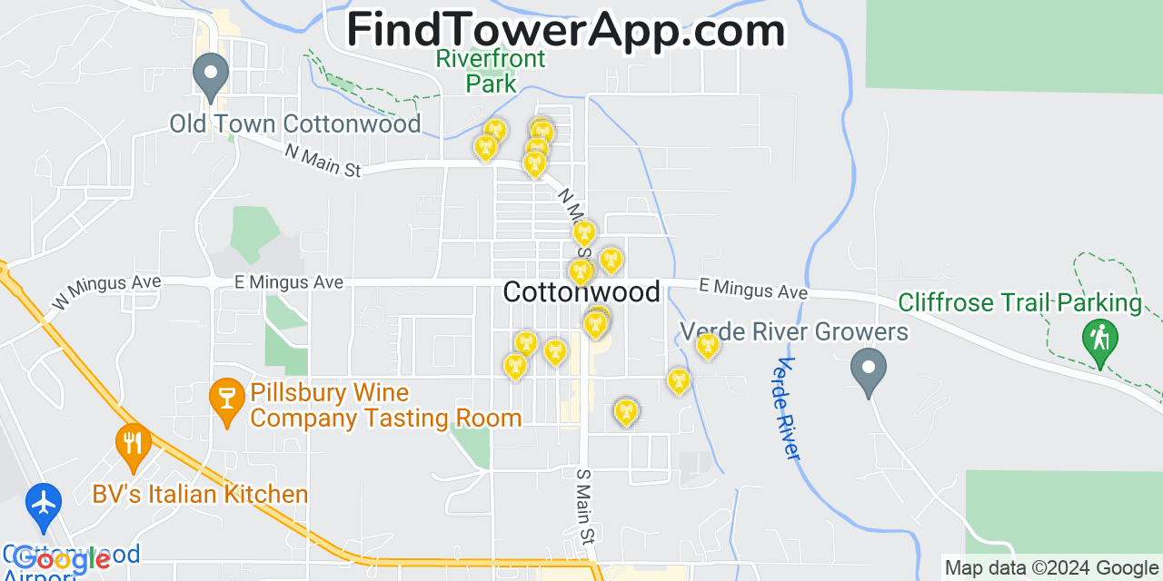 Verizon 4G/5G cell tower coverage map Cottonwood, Arizona