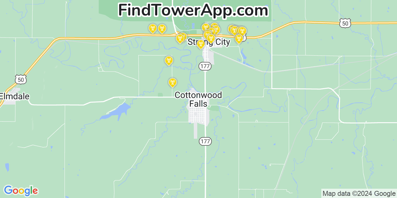 Verizon 4G/5G cell tower coverage map Cottonwood Falls, Kansas