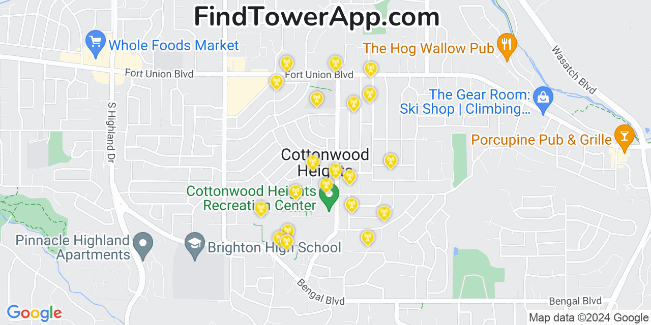 AT&T 4G/5G cell tower coverage map Cottonwood Heights, Utah