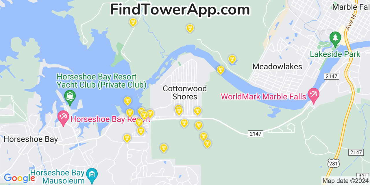 AT&T 4G/5G cell tower coverage map Cottonwood Shores, Texas