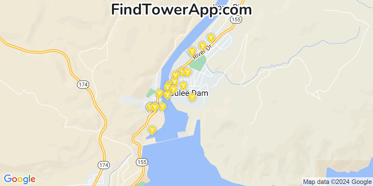 AT&T 4G/5G cell tower coverage map Coulee Dam, Washington