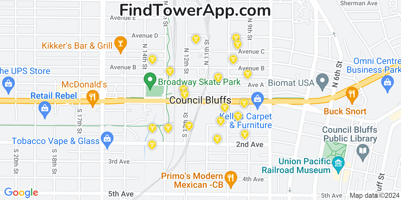 AT&T 4G/5G cell tower coverage map Council Bluffs, Iowa