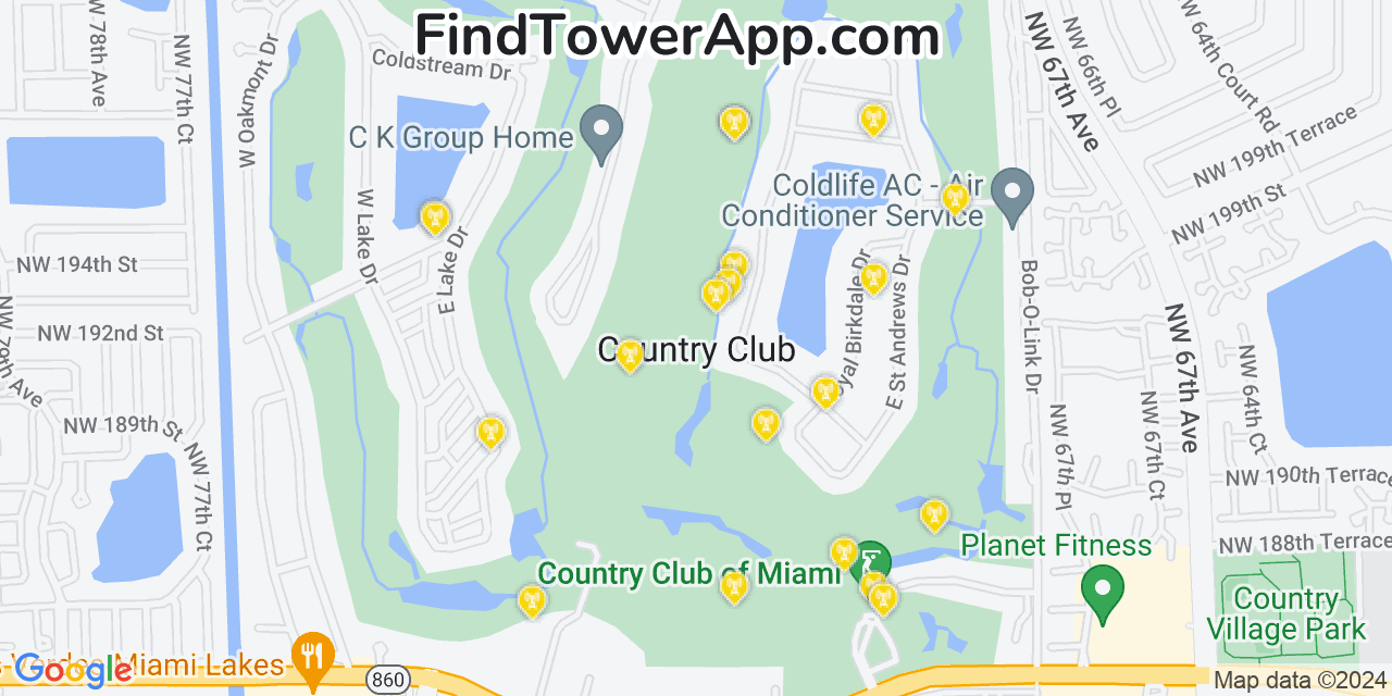 AT&T 4G/5G cell tower coverage map Country Club, Florida