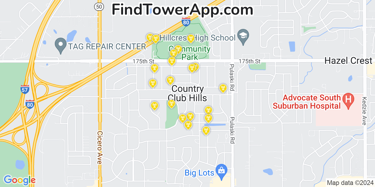 AT&T 4G/5G cell tower coverage map Country Club Hills, Illinois