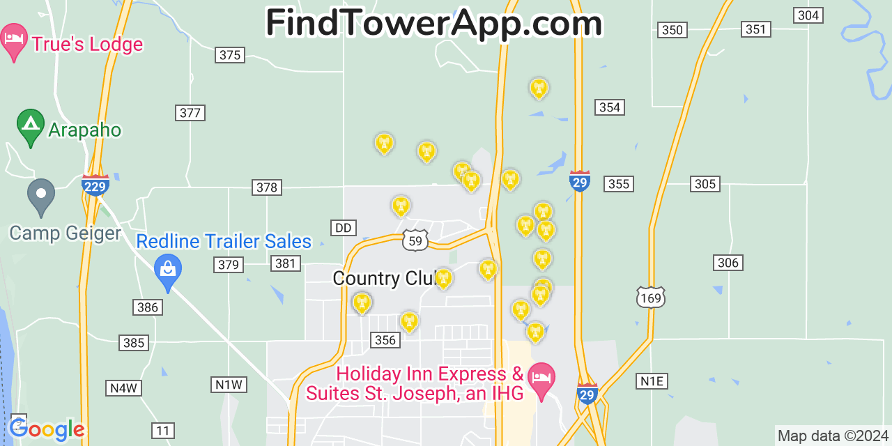AT&T 4G/5G cell tower coverage map Country Club Village, Missouri