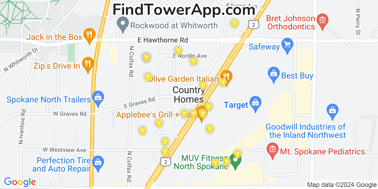 AT&T 4G/5G cell tower coverage map Country Homes, Washington