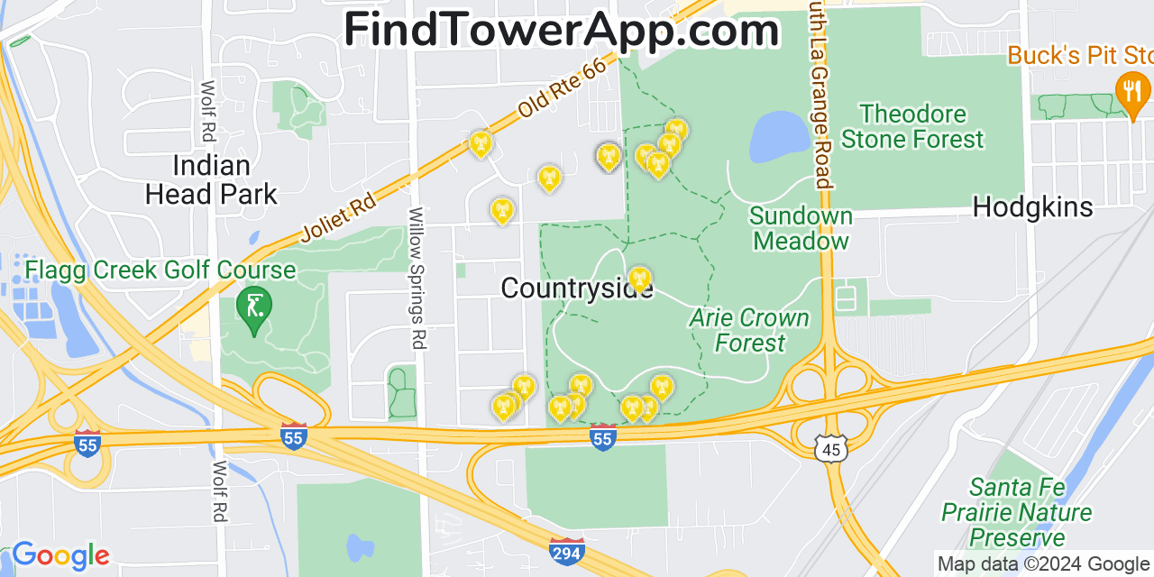 AT&T 4G/5G cell tower coverage map Countryside, Illinois