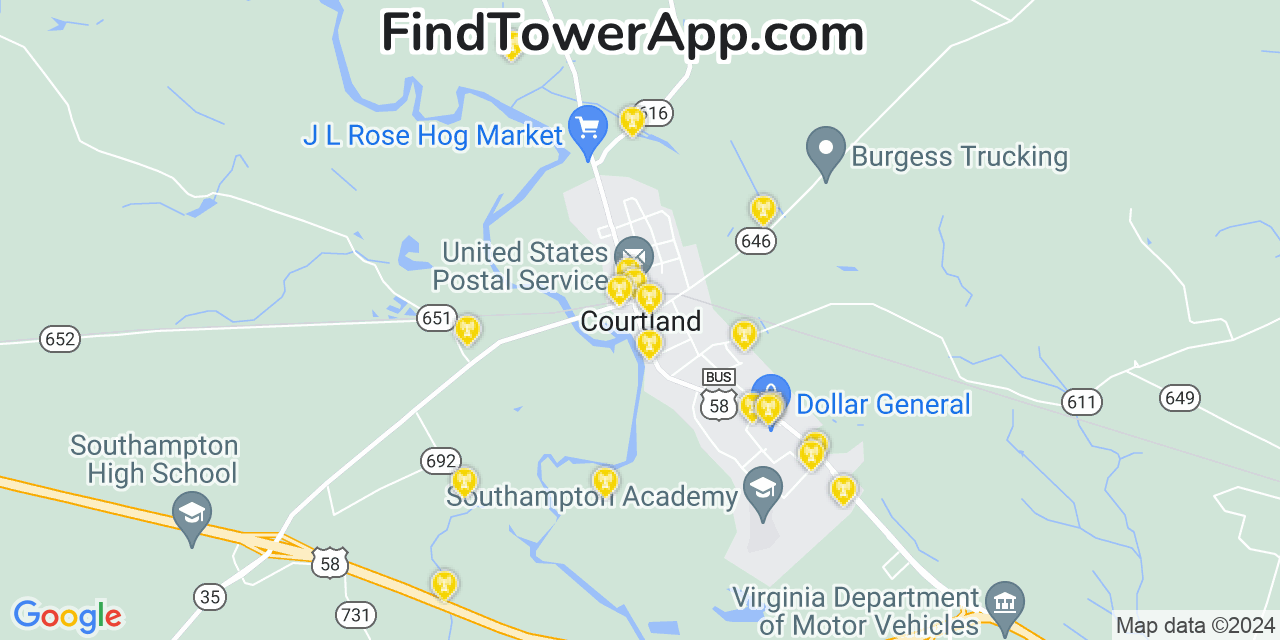 AT&T 4G/5G cell tower coverage map Courtland, Virginia