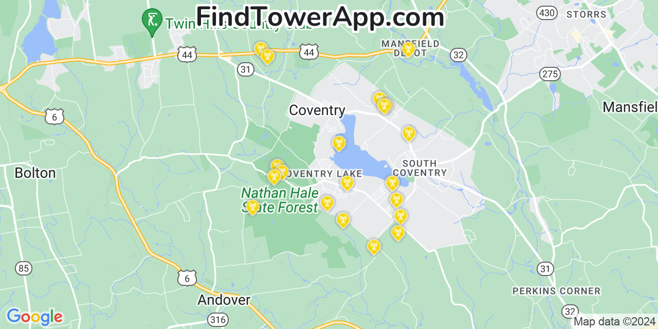 AT&T 4G/5G cell tower coverage map Coventry Lake, Connecticut