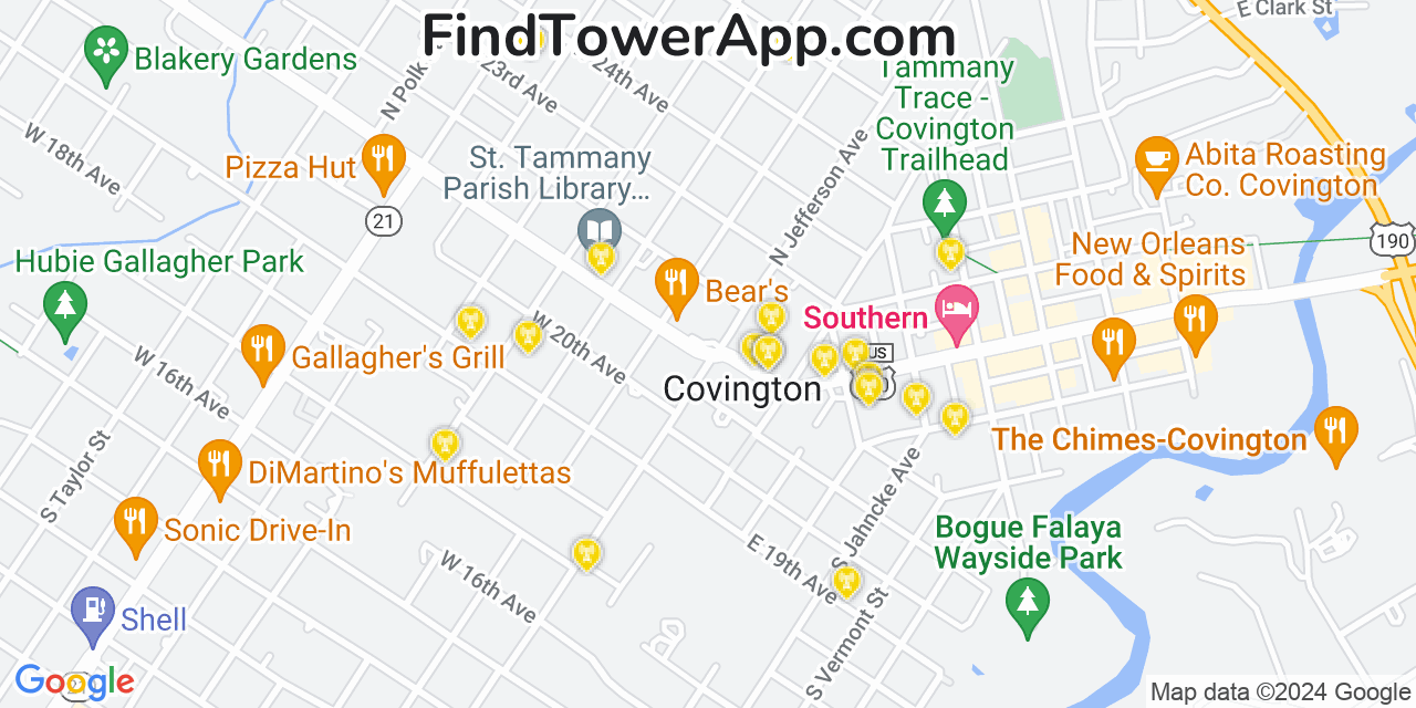 AT&T 4G/5G cell tower coverage map Covington, Louisiana