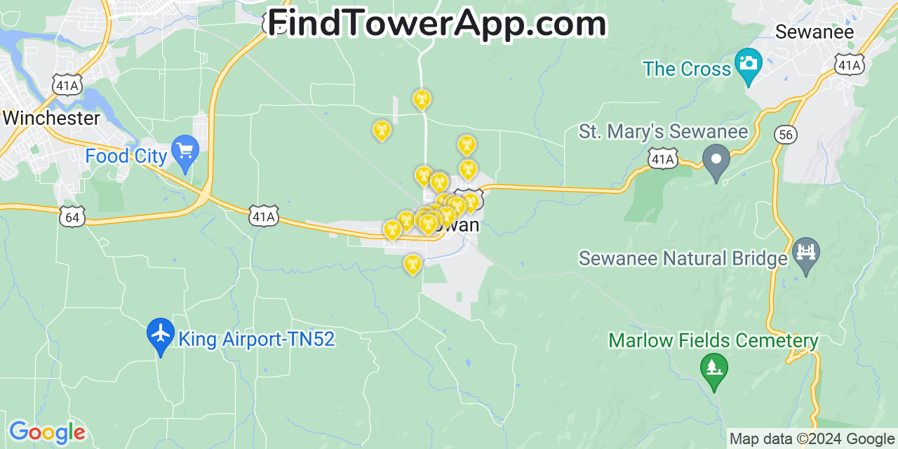 Verizon 4G/5G cell tower coverage map Cowan, Tennessee