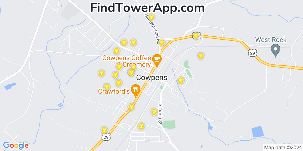 AT&T 4G/5G cell tower coverage map Cowpens, South Carolina