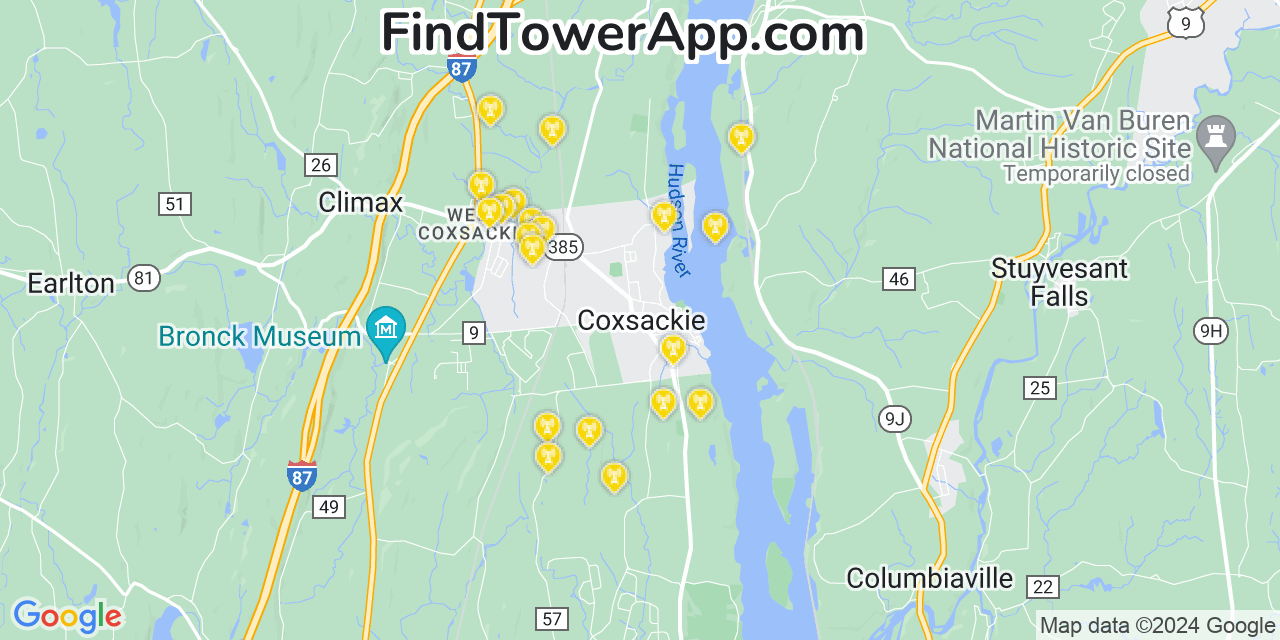 AT&T 4G/5G cell tower coverage map Coxsackie, New York
