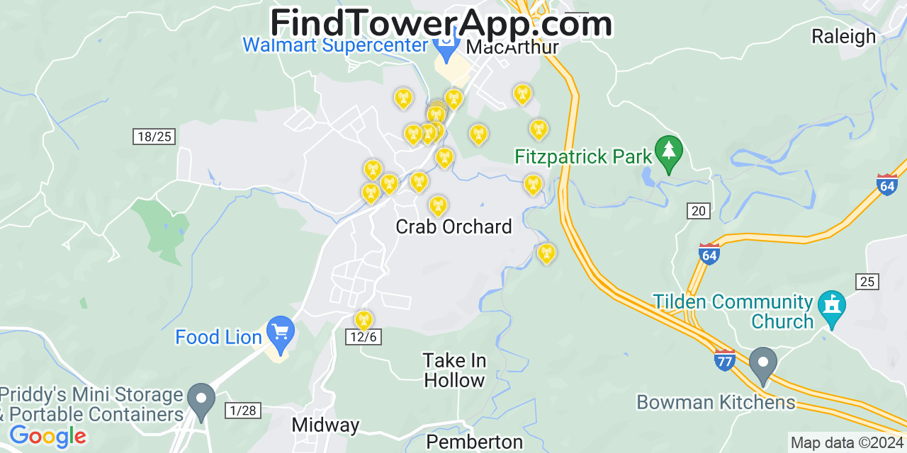 AT&T 4G/5G cell tower coverage map Crab Orchard, West Virginia