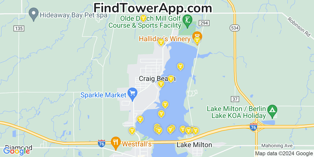 AT&T 4G/5G cell tower coverage map Craig Beach, Ohio